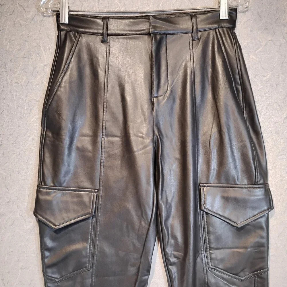 Streetwear Society NWOT Black Vegan Faux Leather Moto Cargo Pants in Size Small - Picture 10 of 12